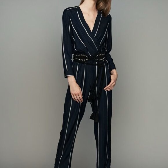 Maje Pants - MAJE Panti V-neck Pinstriped Woven Jumpsuit In Marine Size 36 or Small